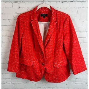 TALBOTS Petite scarlet red orange undertone eyelet cotton blazer jacket 14P NWOT